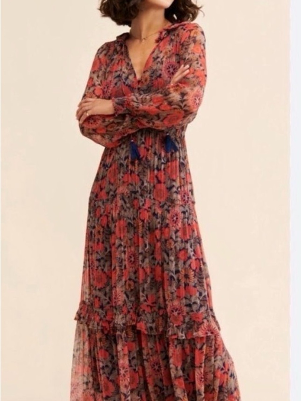 Anthropologie Marias Floral Long Sleeve Maxi Dress in Red and Black